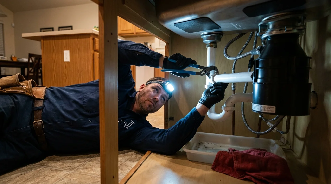 P-trap and supply line connections under a kitchen sink showing a common leak point in Grapevine, TX